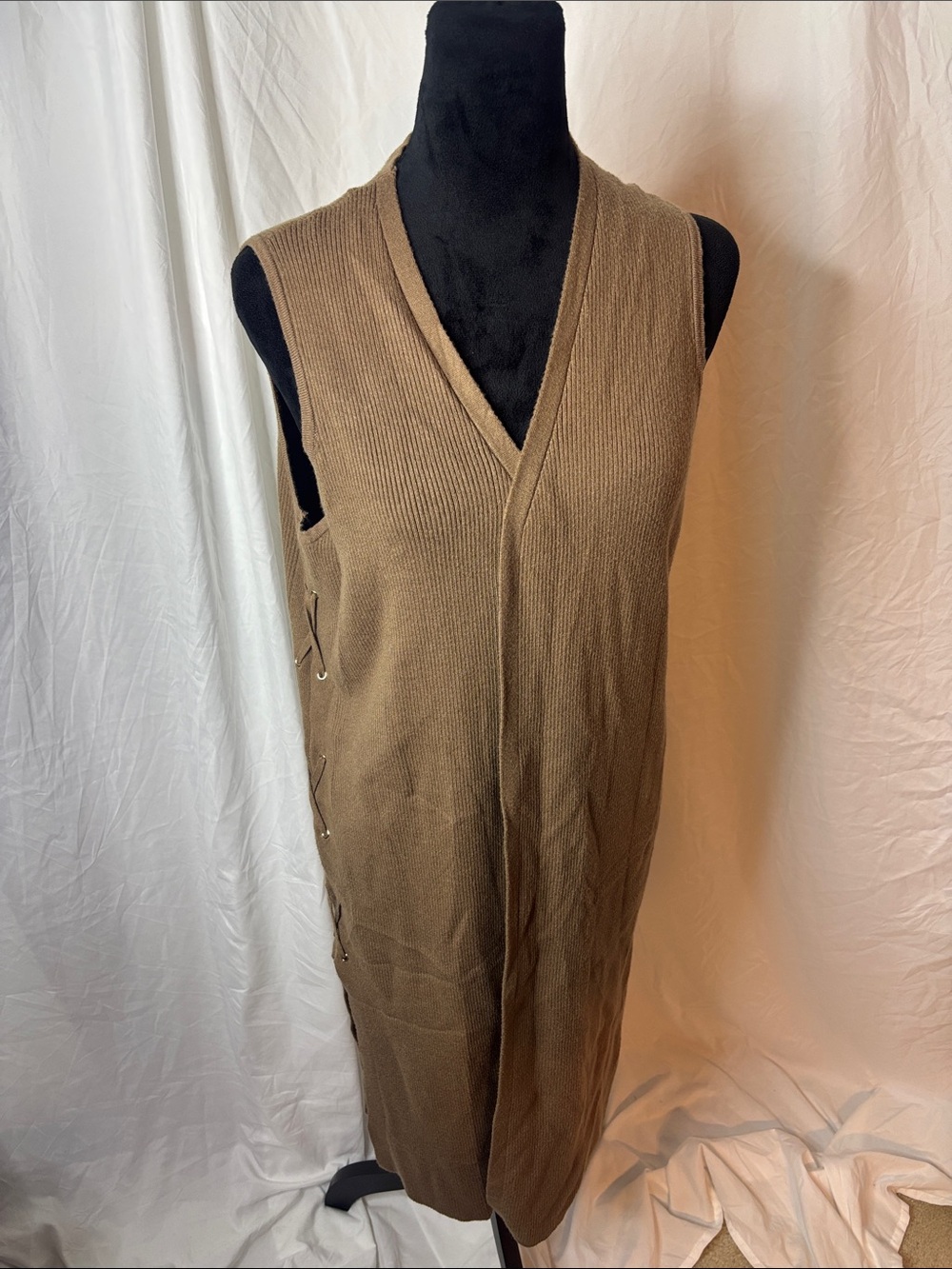 Tahari Brown Sleeveless V‑Neck Knit Midi Dress with Side Lace-Up